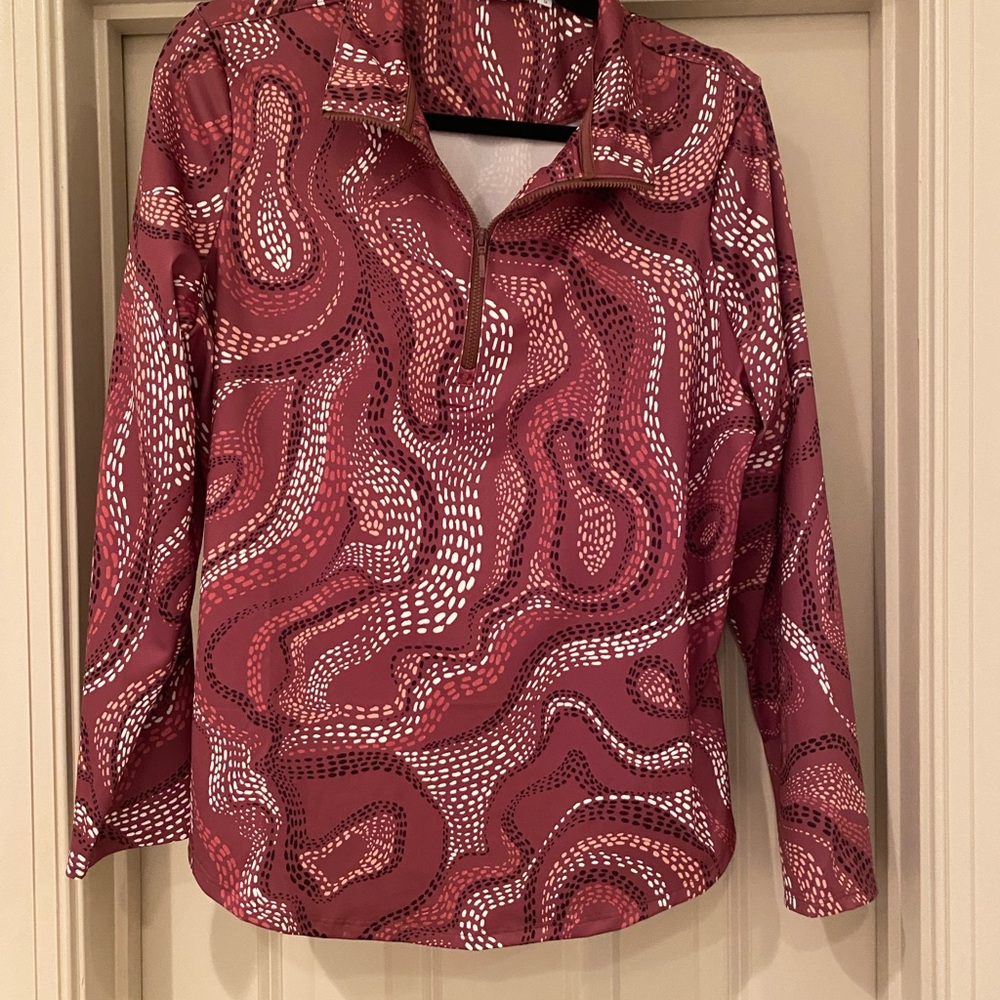 Chico's Women's Quarter Zip Shirt in Brown and White Pattern 70s Vibe